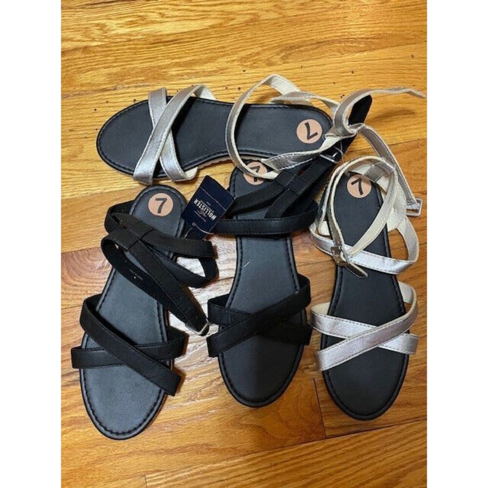 New Womens Hollister Small S 7 8 Sandals Wrap Silver White Black Cross 7.5 Vegan